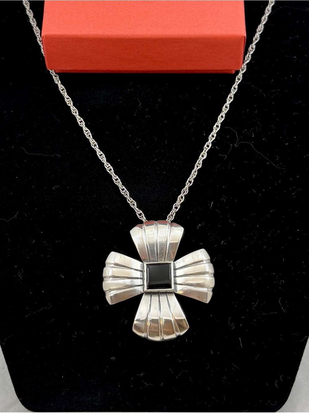 JAMES AVERY Silver Black Onyx Maltese Cross Brooch Pendant Necklace; RETIRED